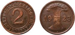 World Coins - Germany Weimar Republic 1923 J 2 Rentenpfennig Bronze Hamburgische Münze 3.38g XF  KM 31 AKS 53 J 307 Schön 30