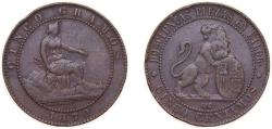 World Coins - Spain Provisional Government 1870 OM 5 Centimos - Provisional Government Bronze (95% copper, 4% tin, 1% zinc) Barcelona Mint (287381000) 5g XF KM 662 Cal 25