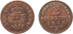 World Coins - Germany Kingdom of Prussia German states 1848 A 2 Pfenninge - Friedrich Wilhelm IV Copper Berlin Mint 2.87g XF  AKS 91 Olding FR 336, 349 Jaeg 9 Pr 51 KM 452 Neum Pruss/Kön 37, 50