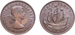 World Coins - Great Britain United Kingdom Kingdom 1956 Half / ½ Penny - Elizabeth II (1st portrait; without 'BRITT:OMN') Bronze Royal Mint (Tower Hill) (21799200) 5.76g UNC  KM 896 Sp 4158