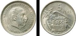 World Coins - Spain Nationalist Government 1957 *60 5 Pesetas - Francisco Franco Copper-nickel (75% copper, 25% nickel) Royal Mint of Spain (26000000) 5.62g AU  KM 786 Cal 49 Schön 34