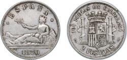 World Coins - Spain Provisional Government 1870 *18-74 DEM 2 Pesetas - Provisional Government Silver (.835) Madrid Mint (14892932) 10.03g XF KM 654