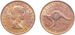 World Coins - Australia 1961 1 Penny - Elizabeth II (1st Portrait; with "F:D:") Bronze (30607000) 9.42g UNC KM 56 Schön 44
