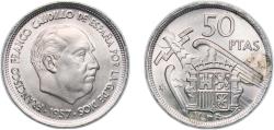 World Coins - Spain Kingdom 1957 50 Pesetas - Francisco Franco Copper-nickel (75% copper, 25% nickel) Madrid Mint (28000000) 12.5g UNC KM 788 Cal 17 Schön 36