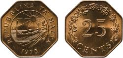 World Coins - Malta Republic 1975 25 Cents (1st Anniversary of Republic) Nickel brass (79% Copper, 20% Zinc, 1% Nickel) Royal Mint (4750000) 10.52g UNC  KM 29 Schön 34