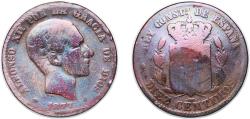 World Coins - Spain Kingdom 1877 OM 10 Centimos - Alfonso XII Bronze (95% copper, 4% tin, 1% zinc) Barcelona Mint (29567000) 9.08g VF KM 675 Cal 66