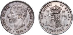 World Coins - Spain Kingdom 1885 *??-87 MSM 5 Pesetas - Alfonso XII (3rd portrait) Silver (.900) Madrid Mint (11802513) 25g XF KM 688 Cal 34