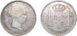 World Coins - Spain 1861 20 Reales - Isabel II Silver (.900) Madrid Mint (1352000) 25.9g XF KM 609