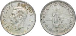 World Coins - South Africa Union 1952 5 Shillings - George VI (Cape Town Anniversary) Silver (.500) (50%Ag, 50%Cu) Pretoria Mint (1710000) 28.22g AU  KM 41 Hern S317