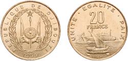 World Coins - Djibouti Republic 1999 20 Francs Aluminium bronze (92% Copper, 6% Aluminium, 2% Nickel) Paris Mint (600000) 3.97g UNC  KM 24 Schön 21