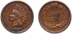 Us Coins - United States 1907 1 Cent "Indian Head Cent" Bronze (.950 copper, .050 tin and zinc) (108137143) 3.02g XF  KM 90a Schön 117a