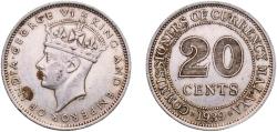 World Coins - Malaysia Malaya British colony 1939 20 Cents - George VI Silver (.750) Royal Mint (Tower Hill) (8000000) 5.43g AU  KM 5 Schön 38