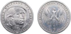 World Coins - Germany Federal Republic of Germany 1982 D 5 Deutsche Mark (Johann Wolfgang von Goethe) Copper-nickel clad nickel Munich Mint (8000000) 10g UNC KM 156 J 432 Schön 156