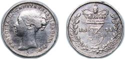 World Coins - Great Britain United Kingdom 1875 3 Pence - Victoria (1st portrait; incl. Maundy and Colonial) Silver (.925) (3306500) 1.4g VF KM 730 Sp 3914 Sp 3918