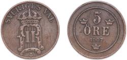 World Coins - Sweden Kingdom 1907 EB 5 Öre - Oscar II Bronze (1953260) 7.99g VF KM 770 Schön 13