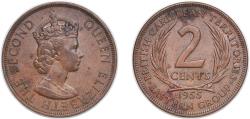 World Coins - Eastern Caribbean States 1955 2 Cents - Elizabeth II (1st portrait) Bronze Royal Mint (Tower Hill) (5500000) 9.45g UNC KM 3