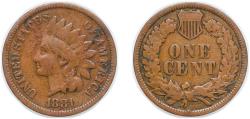 Us Coins - United States Federal republic 1881 1 Cent "Indian Head Cent" Bronze (39208000) 3.11g VF KM 90a Schön 117a