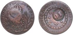 World Coins - Brazil Empire 1827 R 40 Réis - Pedro I (Countermarked 80 Réis) Copper Rio de Janeiro Mint 29.33g VF KM 444