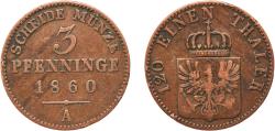 World Coins - Germany Kingdom of Prussia German states 1860 A 3 Pfenninge - Friedrich Wilhelm IV Copper Berlin Mint 4.42g VF  AKS 90 Old/Mue 2 335 Jaeg 9 Pr 52 KM 453 Neum 35 Schr 186-282