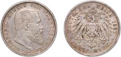 World Coins - Germany Kingdom of Württemberg Second Empire 1907 F 5 Mark - Wilhelm II Silver (.900) Stuttgart Mint (436321) 27.67g AU  KM 632 J 176 Schön 11 AKS 143