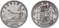World Coins - Spain Provisional Government 1870 *18-74 DEM 2 Pesetas - Provisional Government Silver (.835) Madrid Mint (14892932) 9.87g VF KM 654