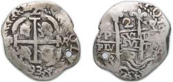 World Coins - Bolivia 1693 VR 2 Reales - Charles II Silver (.931) Potosi Mint 5.82g VF Double struck Holed  KM 24 KM R25