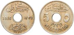 World Coins - Egypt AH 1335 (1916) H	 5 Milliemes - Hussein Kamel Copper-nickel Heaton and Sons / The Mint Birmingham Limited (3000000) 4.98g XF  KM 315 Schön 27