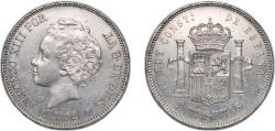 World Coins - Spain Kingdom 1892 *18-92 PGM 5 Pesetas - Alfonso XIII (2nd portrait) Silver (.900) Madrid Mint (7000000) 25g AU KM 700 Cal 19