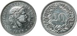 World Coins - Switzerland Federal State 1887 B 20 Rappen (Libertas; nickel) Nickel (magnetic) Bern Mint (500000) 4g AU  HMZ 2 1208 Divo/Tob19 311 KM 29 Schön 26 Y 25a