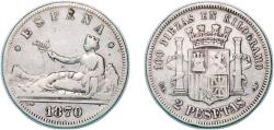 World Coins - Spain Provisional Government 1870 *18-73 DEM 2 Pesetas - Provisional Government Silver (.835) Madrid Mint (11879646) 9.66g VF KM 654