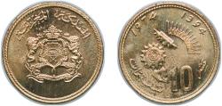 World Coins - Morocco Sultanate AH1394 - 1974 10 Santimat / Centimes - Hassan II (FAO) Copper-aluminium-nickel (92% Copper, 6% Aluminium, 2% Nickel) Royal Mint (67950000) 3g UNC Y 60 Schön 52