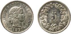 World Coins - Switzerland Federal State 1970 5 Rappen (Libertas; copper-nickel) Copper-nickel (75% copper, 25% nickel, non-magnetic) Bern Mint (34800000) 1.97g UNC  HMZ 2 1212 Divo/Tob19 319 KM