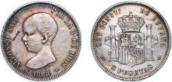 World Coins - Spain Kingdom 1888 *18-88 MPM 5 Pesetas - Alfonso XIII (1st portrait) Silver (.900) Madrid Mint (10643900) 25g VF KM 689