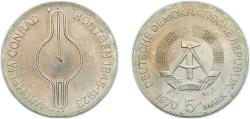 World Coins - Germany German Democratic Republic 1970 5 Mark (Birth of Wilhelm C. Röntgen) Copper-nickel Berlin Mint (100237) 12g UNC KM 26 Schön 28 J 1530 AKS 96