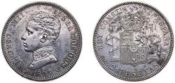 World Coins - Spain Kingdom 1905 *19-05 SMV 2 Pesetas - Alfonso XIII (4th portrait) Silver (.835) Madrid Mint (3589000) 9.99g AU KM 725