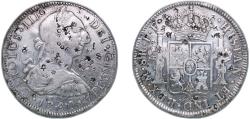 World Coins - Mexico Spanish colony 1780 Mo FF 8 Reales - Charles III Silver (.903) Mexico City Mint 26.5g XF Chopmarked KM 106