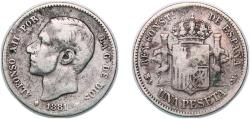 World Coins - Spain Kingdom 1881 MSM 1 Peseta - Alfonso XII (2nd portrait) Silver (.835) Madrid Mint (798809) 4.72g VF KM 686 Cal 56