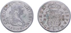 World Coins - Spain Kingdom 1803 S CN 2 Reales - Carlos IV Silver (.806) Seville Mint 5.86g VF KM 430