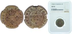 World Coins - France French Guiana French colony 1782 A 2 Sous (Colonie de Cayenne - Louis XVI) Billon (.208 silver) Paris Mint (3000000) 1.9g NGC AU 53 KM 1 Zay 30 Lec 20