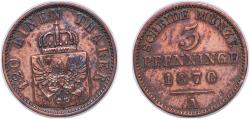 World Coins - Germany Kingdom of Prussia German states 1870 A 3 Pfennigs - William I Copper 4.5g XF AKS 106 Old/Mue 2 424, 427, 431 KM 482 Neum 17 Schr 162-188