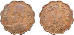 World Coins - Egypt AH 1362 (1943) 10 Milliemes - Farouk Bronze 6.03g XF  KM 361 Schön 79 MHC 255
