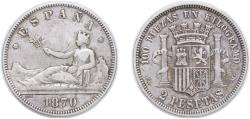 World Coins - Spain 1870 *18-73 DEM 2 Pesetas - Provisional Government Silver (.835) (11879646) 9.82g VF KM 654