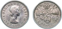 World Coins - Great Britain United Kingdom 1967 6 Pence - Elizabeth II (1st portrait; no 'BRITT:OMN') Copper-nickel (75% Cu, 25% Ni) Royal Mint (Tower Hill) (240788000) 2.83g XF KM 903 Sp 4149