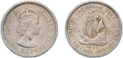 World Coins - Eastern Caribbean States 1955 25 Cents - Elizabeth II (1st portrait) Copper-nickel (75% Copper, 25% Nickel) Royal Mint (Tower Hill) (7000000) 6.48g XF KM 6