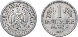 World Coins - Germany Federal Republic of Germany 1966 J 1 Deutsche Mark Copper-nickel (75% Copper, 25% Nickel) Hamburgische Münze, (12030000) 5.5g UNC KM 110 J 385 Schön 108