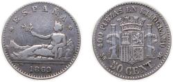 World Coins - Spain Provisional Government 1869 *6-9 SNM 50 Centimos Silver (.835) Madrid Mint (452726) 2.5g VF KM651