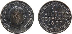 World Coins - Germany Kingdom of Prussia 1867 A 1 Silbergroschen - William I Billon (.220 silver) Berlin Mint 2.09g XF  AKS 103 Olding FR 415, 418, 421 Jaeg 9 Pr 89 KM 485 Neum 14