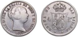 World Coins - Spain Kingdom 1854 4 Reales - Isabel II Silver (.900) Madrid Mint 5.1g VF KM600.2
