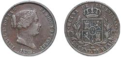 World Coins - Spain Kingdom 1859 25 Centimos de Real - Isabel II Copper Segovia Mint 9.72g VF KM 615 Cal 587