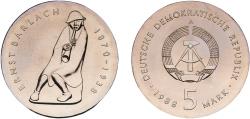 World Coins - Germany German Democratic Republic Democratic republic 1988 A 5 Mark (Ernst Barlach) Copper-nickel Berlin Mint (51601) 12.63g UNC KM 122